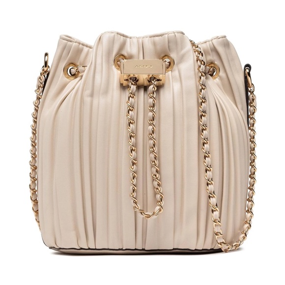 Aldo Muddal Cream Pleated Faux Leather Bucket Crossbody Chain Bag New - Picture 5 of 12
